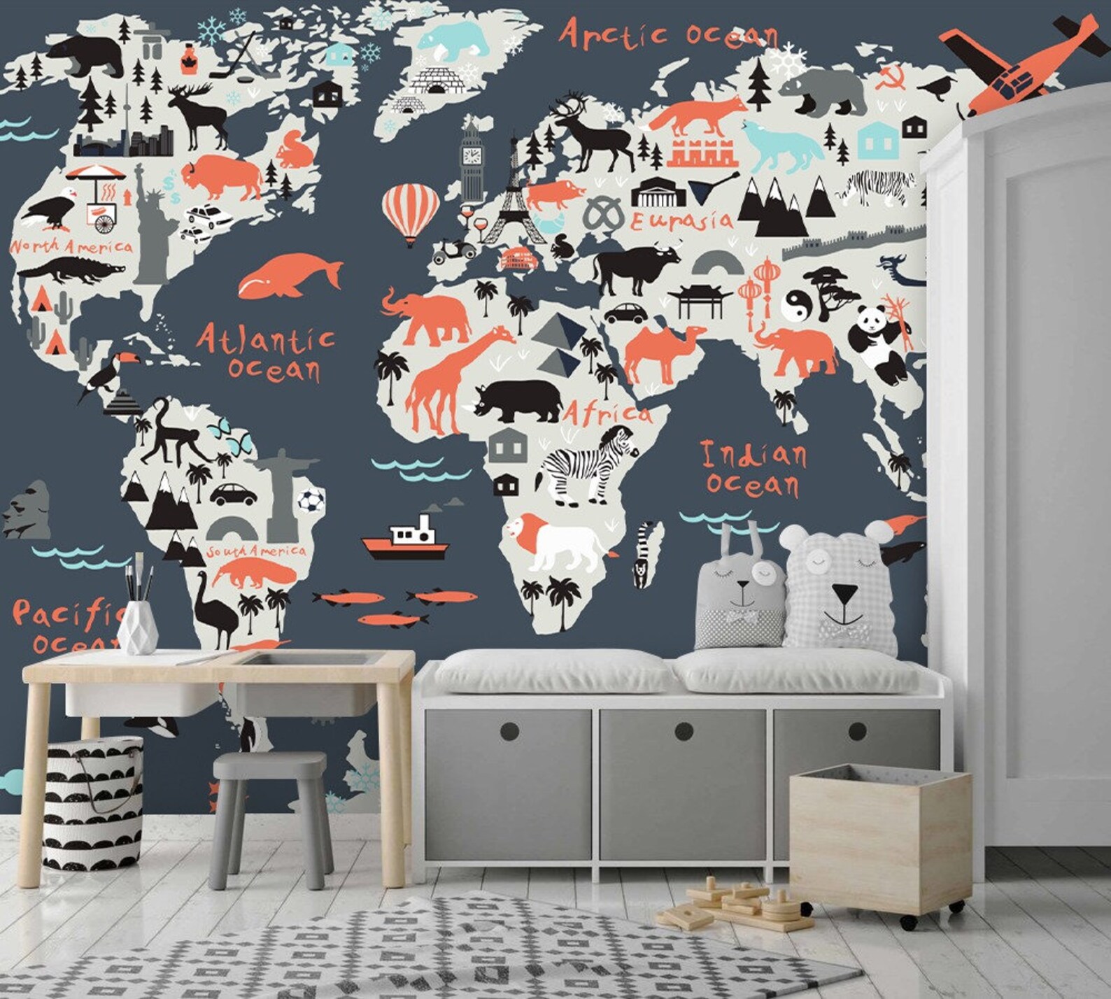 World Map Nursery Wallpaper Kids Room Trendy Wall Decor Etsy