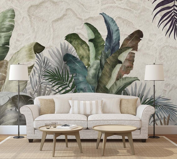 Green Tropical Wallpaper Vintage Palm and Banana Leaves | Etsy