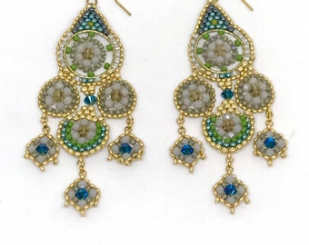 Sparkly Chandelier Earrings in Blue, Green & Gold. Handmade Miyuki Bead Earrings with Swarovski Crystals. Miguel Ases Style Earrings.