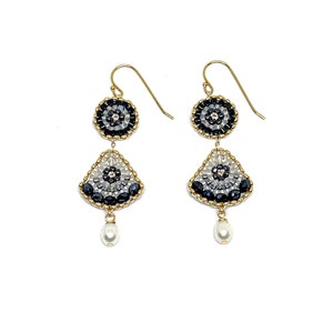 Pearl, Swarovski Crystal, Miyuki Bead Earrings White, Gold, Dark Blue. Handmade Boho Glass Bead Jewellery. Miguel Ases Style