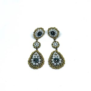 White, Grey and Gold Statement Earrings. Handmade Miyuki Bead Earrings. Boho Glass Bead Earrings.