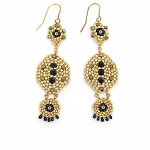 Gold and Black Glass Bead Earrings. Handmade Dangly Miyuki Bead Earrings.