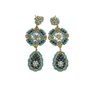 Turquoise, Gold, Black Chandelier Earrings. Handmade Miyuki Bead Jewellery. Statement Earrings. Miguel Ases Style Jewelry