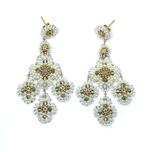 White, Gold and Silver Statement Chandelier Earrings. Wedding Earrings. Handmade Sparkling Miyuki Glass Bead Boho Jewelry. Miguel Ases Style