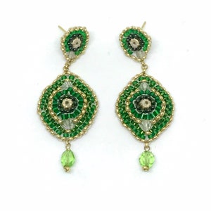 Vibrant Green Dangle Earrings. Handmade Miyuki Bead and Glass Crystal Earrings.