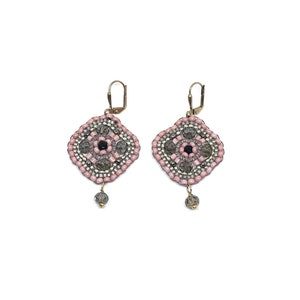 Pink, Grey and Silver Statement Earrings with Gold Details. Handmade Beaded Glass Bead Earrings. Sparkly Miyuki Bead Statement Earrings.