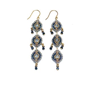 Gold and Blue Dangling Glass Bead Earrings. Handmade Miyuki Bead and Crystal Earrings.