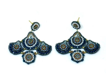 Dark Blue, Gold and White Statement Chandelier Earrings. Elegant Handmade Sparkling Miyuki Glass Bead Boho Jewellery.