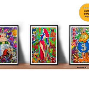 Conjunto de 3 impresiones Fine Art Giclée de mis pinturas originales de Pop Art en papel de archivo, Asterix y Obelix, Jessica Rabbit, Garfield cat