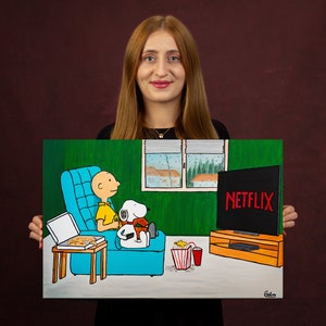 Snoopy & Charlie watching Netflix Original acrylic Pop Art painting, stretched canvas on wooden frame, ready to hang by Cristina PopArt