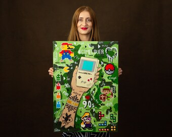 Nintendo Gameboy Original acrylic Pop Art painting, stretched canvas on wooden frame, ready to hang by Cristina PopArt