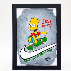 Bart Simpson andando de skate sobre swoosh, pintura acrílica sobre papelão reciclado, emoldurada e pronta para pendurar, arte de Cristina PopArt