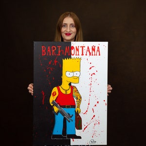 Bart Simpson Scarface Pintura pop art original em acrílico, tela esticada em moldura de madeira, pronta para pendurar por Cristina PopArt