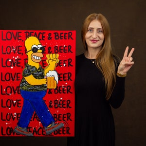 Homer Simpson e la birra Dipinto originale pop art acrilico, tela tesa su telaio in legno, pronto per essere appeso di Cristina PopArt
