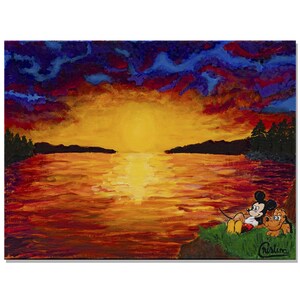 Mickey Mouse y Pluto disfrutando de una puesta de sol junto al lago Cuadro Pop Art, lienzo estirado sobre bastidor de madera, listo para colgar de Cristina PopArt