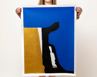 Peinture abstraite en bleu, or, noir et blanc aux formes suggestives, peinture acrylique sur toile, oeuvre sur toile roulée par Cristina PopArt