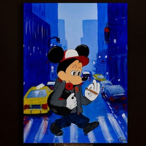 Mickey Mouse walking in the city Original acrylic Pop Art painting, stretched canvas on wooden frame, ready to hang by Cristina PopArt