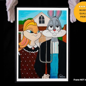 Stampa Fine Art Giclée di Bugs Bunny e Lola Bunny di American Gothic del mio dipinto Pop Art originale su carta d'archivio