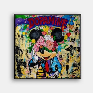 Dopamine original Pop Art acrylic painting featuring Mickey Mouse, colorful abstract joyful art, rolled canvas artwork by Cristina PopArt