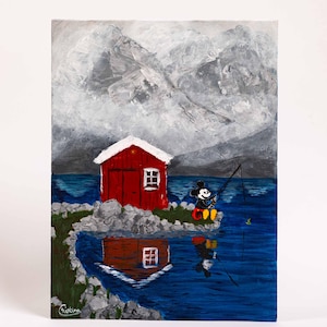 Mickey Mouse acrylic painting for nature and fishing enthusiasts, Pop Art painting, cotton canvas panel artwork by Cristina PopArt