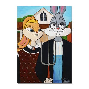 American Gothic Bugs Bunny e Lola Bunny dipinto originale Pop Art, tela tesa su telaio in legno, pronta per essere appesa di Cristina PopArt