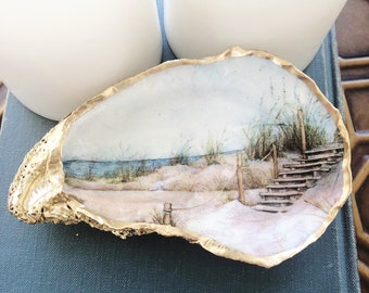 Oyster Ring Dish: Coastal Dune Decoupage Shell Art