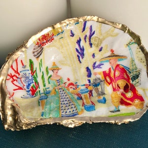 Decoupage Oyster Ring Dish--Whimsical Chinoiserie Print