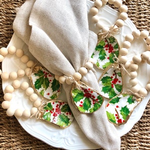 Oyster Shell Napkin Rings--Holly and Berries | Oyster shell table decor | Coastal Table Decor | Hostess Gift | Bridesmaid Gifts