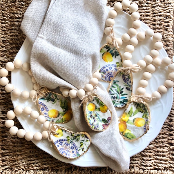 Lemon & Olive Napkin Rings | Oyster Shell Napkin Rings | Oyster shell table decor | Coastal Table Decor | Hostess Gift | Bridesmaid Gifts