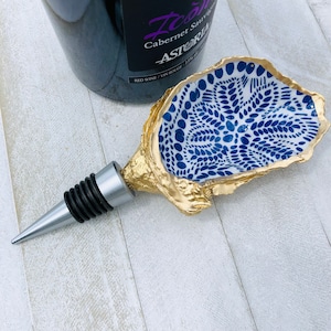 Oyster Shell Wine Stopper--Blue and White Abstract Dots