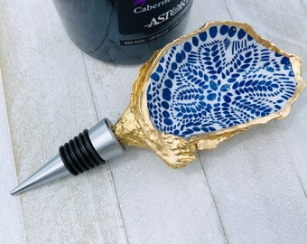 Oyster Shell Wine Stopper--Blue and White Abstract Dots