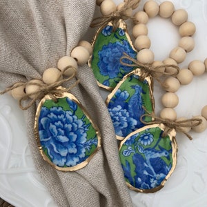 Oyster Shell Napkin Rings--Vibrant Chinoiserie | Oyster shell table decor | Coastal Table Decor | Hostess Gift | Bridesmaid Gifts