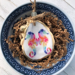 Decoupage Oyster Ornament | Watercolor Seahorse Print | Coastal Christmas Ornament