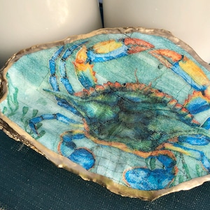 Decoupage Oyster Ring Dish--Blue Crab