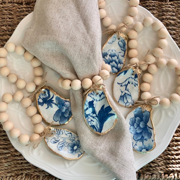 Oyster Shell Napkin Rings | Blue and White Chinoiserie | Nautical Napkin Rings | Oyster table decor