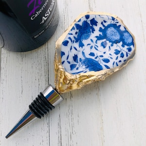 Oyster Shell Wine Stopper--Blue and White Porcelain