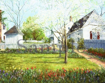Dogwood Time, Garden Scene, Colonial Garden print, Colonial Williamsburg prints, flower garden print, wall decor, wall art, Spring Garden