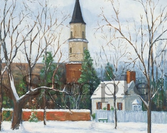 Bruton Parish Church in Snow, Colonial Williamsburg, snow scene, Virginia, townscape, christmas scene, giclee, framed giclee, wall art,