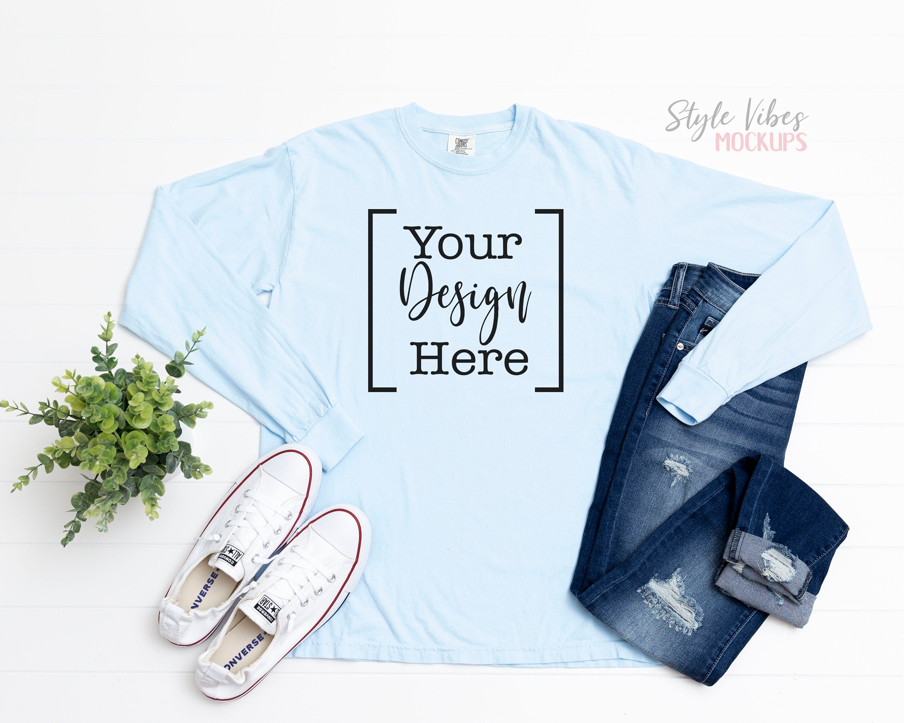 Comfort Colors Long Sleeve Tee Shirt Mockup C6014 Chambray