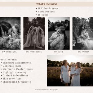 May include: A promotional image for photo editing presets. The image includes four black and white sample photos, and a list of tools and features. The text reads "What's Included" and lists 11 color presets, 4 BW presets, and 16 tools.