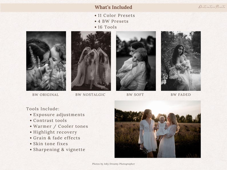 May include: A promotional image for photo editing presets. The image includes four black and white sample photos, and a list of tools and features. The text reads "What's Included" and lists 11 color presets, 4 BW presets, and 16 tools.