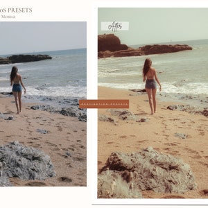 Puede incluir: Imagen antes y despu&eacute;s que muestra un preajuste de edici&oacute;n de fotos. La imagen antes muestra a una mujer caminando por una playa con una costa rocosa y agua azul. La imagen despu&eacute;s muestra la misma escena con un filtro vintage c&aacute;lido aplicado, haciendo que los colores sean m&aacute;s vibrantes y el tono general m&aacute;s c&aacute;lido.
