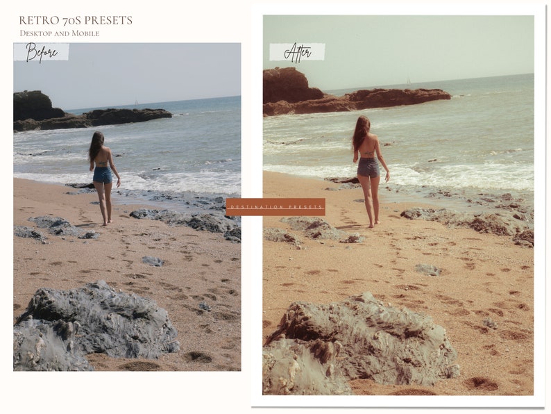 Puede incluir: Imagen antes y despu&eacute;s que muestra un preajuste de edici&oacute;n de fotos. La imagen antes muestra a una mujer caminando por una playa con una costa rocosa y agua azul. La imagen despu&eacute;s muestra la misma escena con un filtro vintage c&aacute;lido aplicado, haciendo que los colores sean m&aacute;s vibrantes y el tono general m&aacute;s c&aacute;lido.