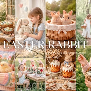 Könnte beinhalten: Eine Collage von Bildern zum Thema Ostern. Enthält Körbe mit Eiern, Hasen, Kinder mit Hasenohren und Backwaren. Der Text "EASTER RABBIT" ist prominent dargestellt. Das Gesamtthema ist Frühling und Osterfeiern.