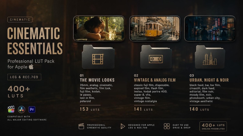 May include: A digital product display for Cinematic Essentials, a professional LUT pack for Apple. It features three categories: The Movie Looks, Vintage & Analog Film, and Urban, Night & Noir, with icons, sample images, and a total of 400+ LUTs listed.