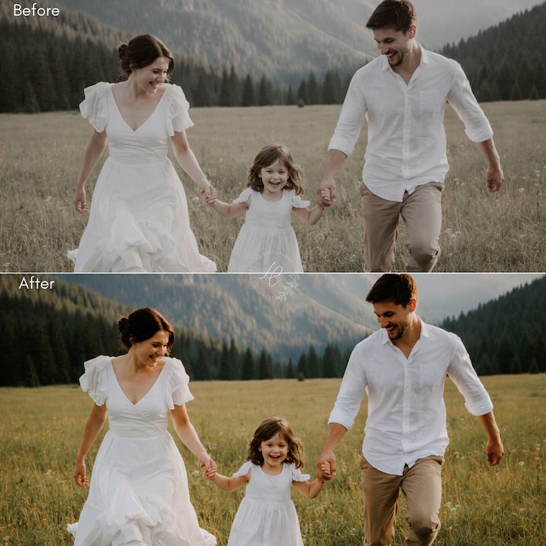Puede incluir: Una familia de tres, madre, padre e hija, caminan alegremente por un campo de hierba alta. La madre y la hija visten vestidos blancos, mientras que el padre lleva una camisa blanca y pantalones color caqui. El fondo muestra monta&ntilde;as y &aacute;rboles.