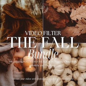 May include: A digital video filter bundle featuring four autumn-themed panels: a person with red hair, fallen leaves with water droplets, a cozy scene with a lit candle, and a collection of white pumpkins, with the text "VIDEO FILTER THE FALL Bundle".
