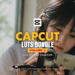 May include: Image featuring the text "CAPCUT LUTS BUNDLE - VOLUME 1 - FOR CAPCUT DESKTOP" in yellow and white. A person is holding a vintage camcorder. The text "Elevate your videos with professional touch and cinematic filters" is also present.