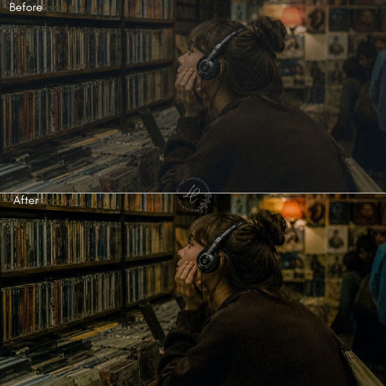 May include: A split-screen comparison showing a dark-toned photograph of a person with hair in a bun wearing black over-ear headphones, resting their chin on their hand while looking at shelves filled with numerous compact discs or vinyl records.