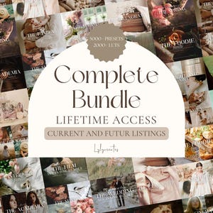 May include: A collage of images showcasing a variety of digital presets and LUTs for photo and video editing. The text "Complete Bundle" and "Lifetime Access" is displayed in a white circle on a brown background. The text "Current and Futur Listings" is displayed in a white rectangle on a brown background. The text "Lylyarentes" is displayed in white text on a brown background.